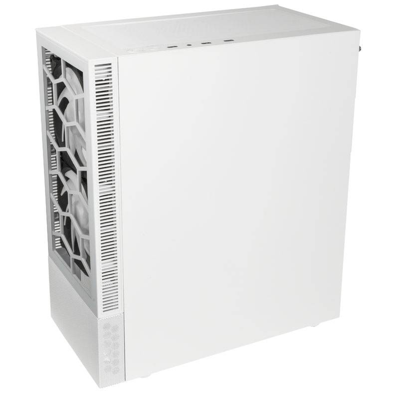 Białe obudowy komputerowe z bocznym otworem wentylacyjnym.