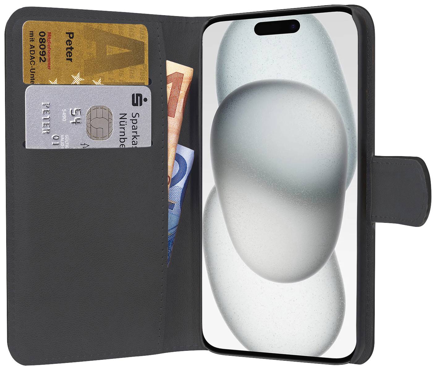 Smartfon w czarnym etui z klapką, wraz z kartą kredytową, banknotami i tłem ekranu z szarymi kamieniami.
