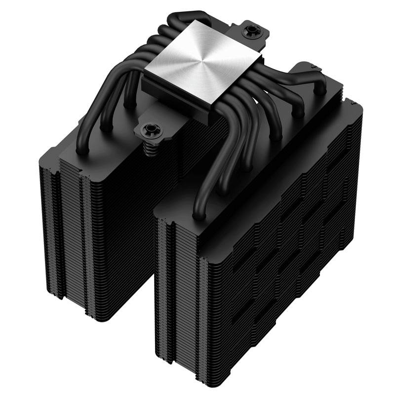 Duży, czarny radiator procesora z wieloma ciepłociągami i dwoma elementami chłodzącymi dla poprawionego odprowadzania ciepła.