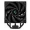 Czarny wentylator procesora z wirnikiem o kształcie spirali, kwadratową ramą i niebieskim logo pośrodku.