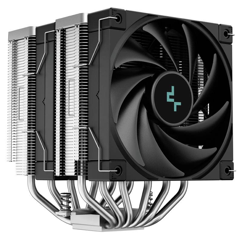 Chłodnica procesora w kolorze czarnym z dużym wentylatorem i wieloma metalowymi rurkami cieplnymi. Struktura wskazuje na wydajne odprowadzanie ciepła.