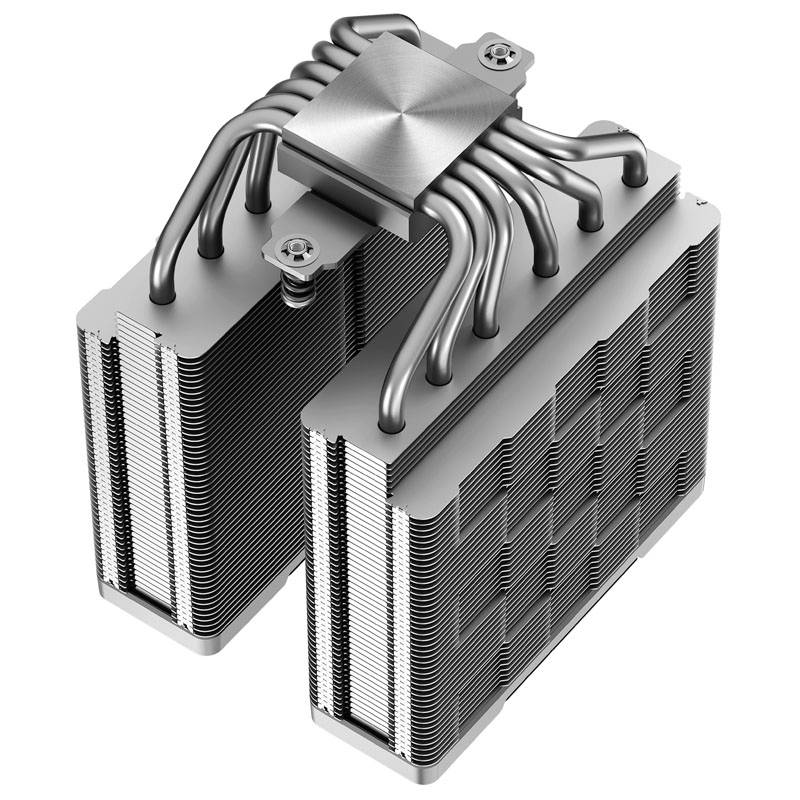 Radiator procesora z metalowymi żeberkami i rurkami cieplnymi do odprowadzania ciepła w systemach komputerowych.