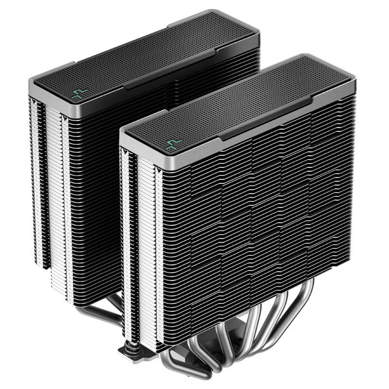 Nowoczesny chłodnica procesora z dwoma dużymi radiatorami i wieloma ciepłowodami, zapewniająca wydajne chłodzenie i odprowadzanie ciepła.