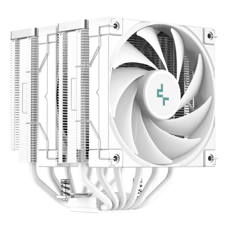 Biały chłodnik CPU z wieloma łopatkami wentylatora i żeberkami dla lepszego odprowadzania ciepła. Zaprojektowany dla wydajnych procesorów komputerowych.