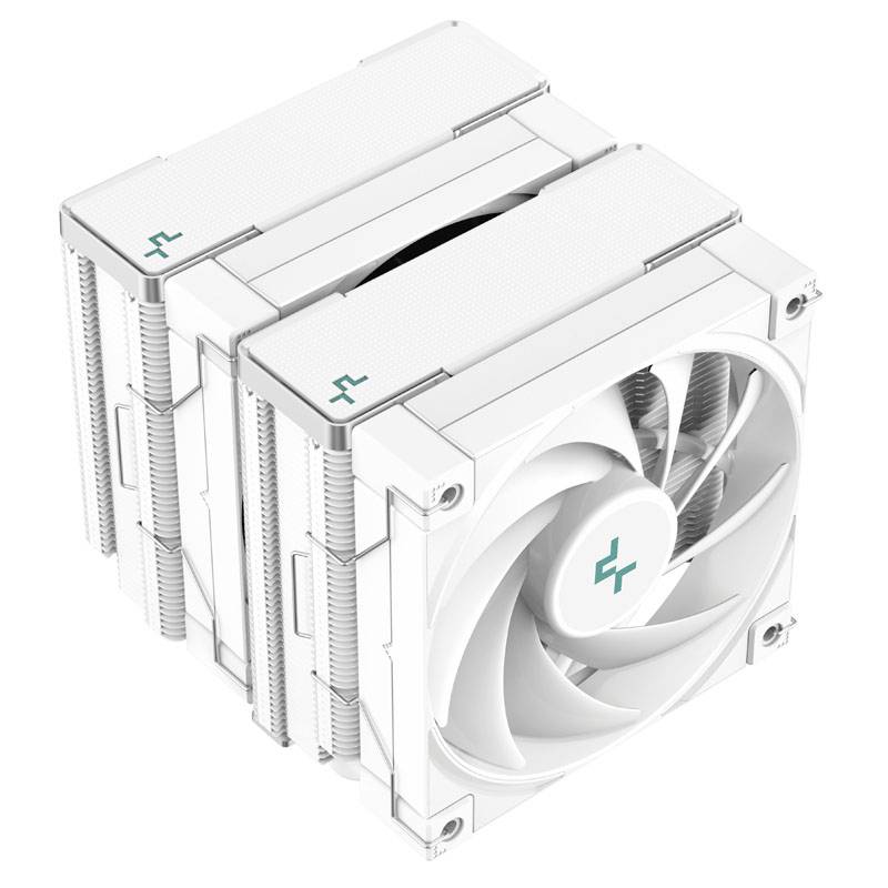 Wentylator komputerowy to duży, biały chłodnica podwójnej wieży z wieloma łopatkami wentylatora i żeberkami, zaprojektowany do wydajnego odprowadzania ciepła.