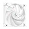 Biały wentylator komputerowy z wieloma łopatkami wirnika, kwadratową obudową i zielonym logo pośrodku, przeznaczony do chłodzenia komponentów PC.