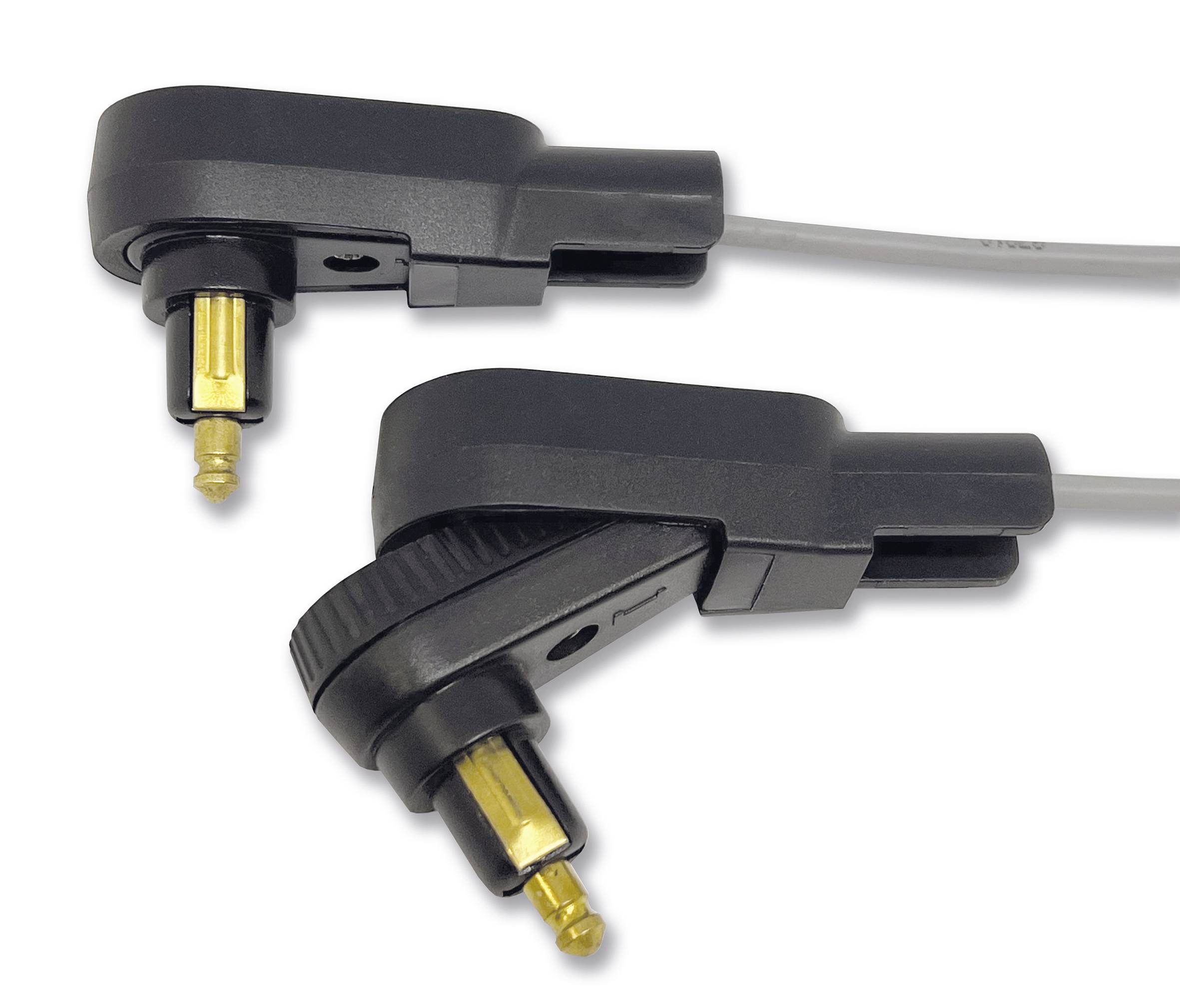 Dwa czarne optyczne kable audio z kątowymi wtykami ułożone obok siebie. Idealne do ciasnych przestrzeni za urządzeniami.