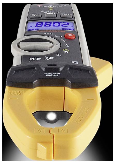 Miernik prądu z cyfrowym wyświetlaczem pokazuje '880.2'. Posiada żółte szczęki pomiarowe oraz przyciski do różnych rodzajów pomiarów.