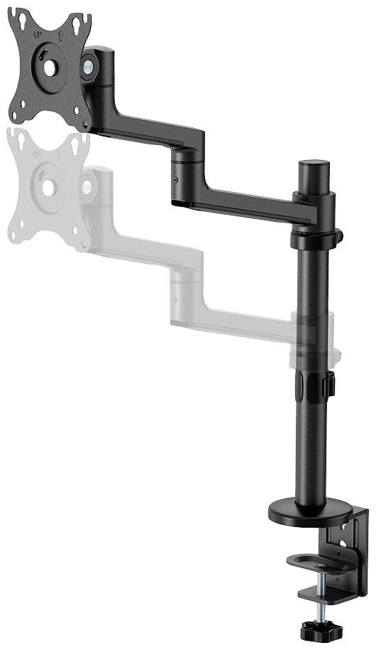 Regulowana wysokościowo podstawka do monitora, czarna, metalowa, do biurka; obrotowe ramiona z mocowaniem VESA do elastycznego ustawienia monitora.