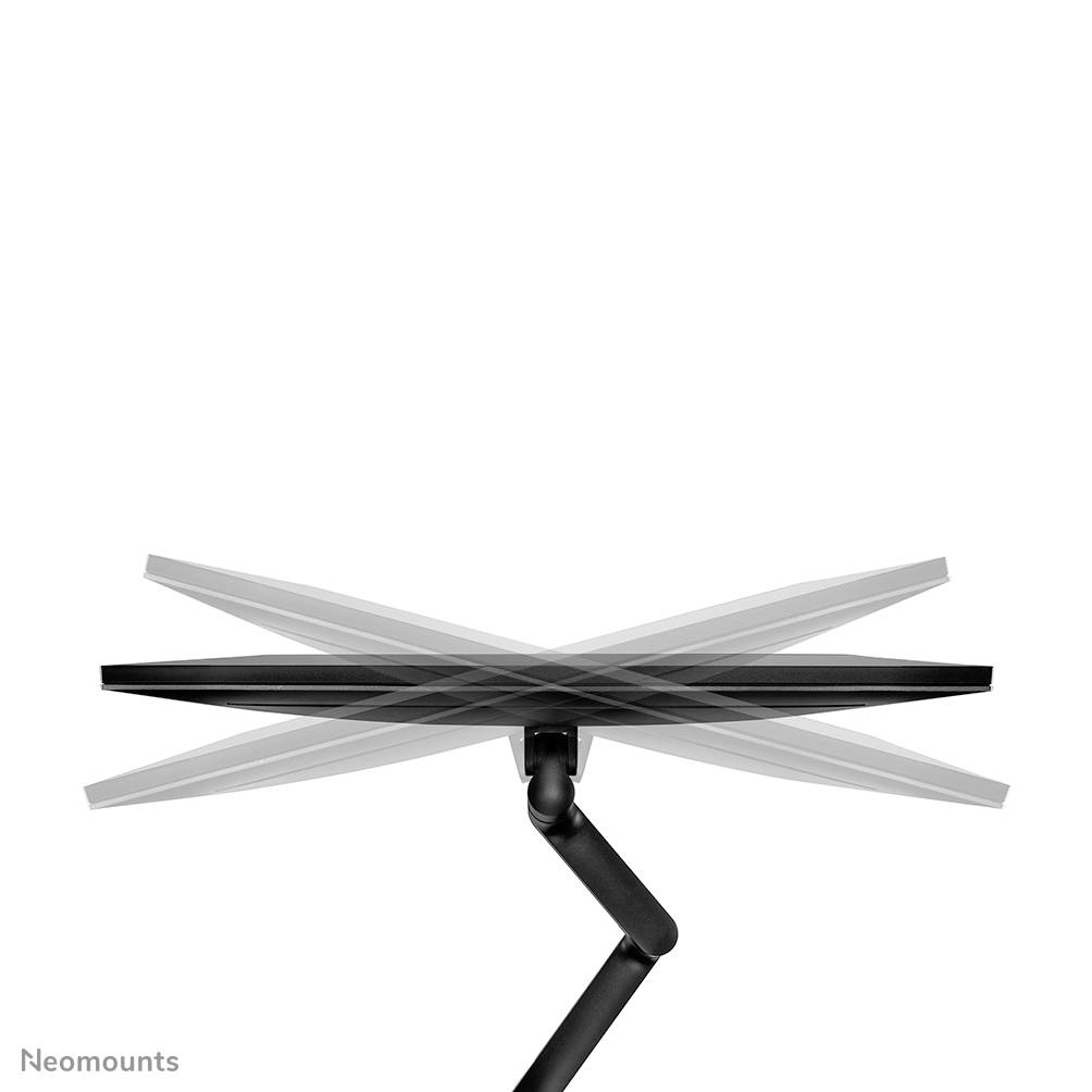 Obrotowy uchwyt do monitora prezentuje różne kąty nachylenia. Uchwyt jest czarny i regulowany.