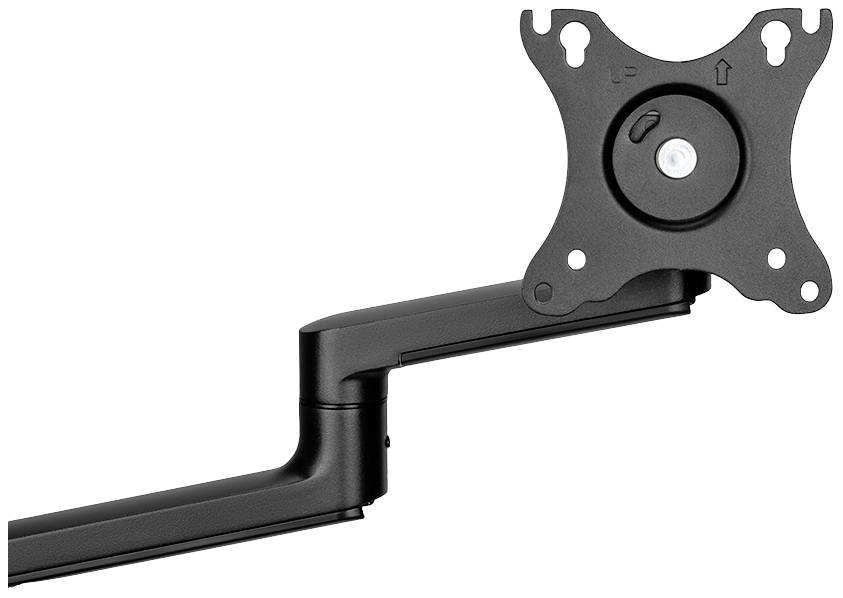Czarny uchwyt do monitora z mocowaniem VESA do zamocowania na biurku, umożliwiający elastyczne dopasowanie pozycji monitora.