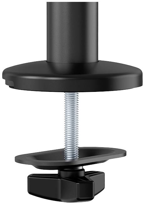 Czarna zaciskowa podstawa do monitora z śrubą do mocowania ramienia monitora. Wygląda na stabilną i solidną, idealna do elastycznego ustawienia.