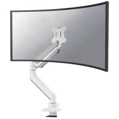 Zakrzywiony monitor komputerowy na białym, regulowanym ramieniu montażowym, odpowiedni do ergonomicznej pracy biurowej.
