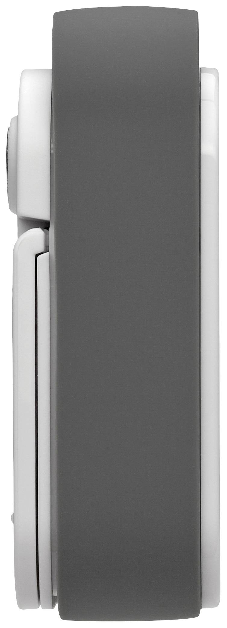 Widok z boku złożonego, szarego noża składanego z srebrną rękojeścią.