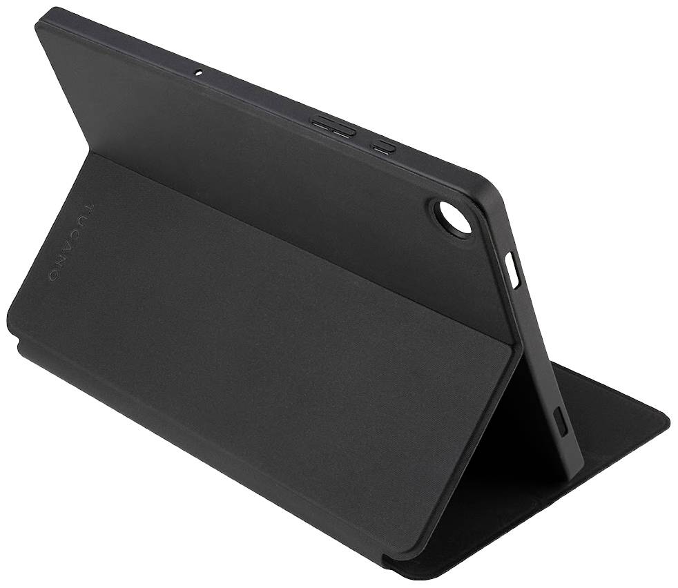 Czarne etui na tablet widziane z boku; spoczywa na stole, tworząc podstawkę, która podtrzymuje tablet pod odpowiednim kątem.