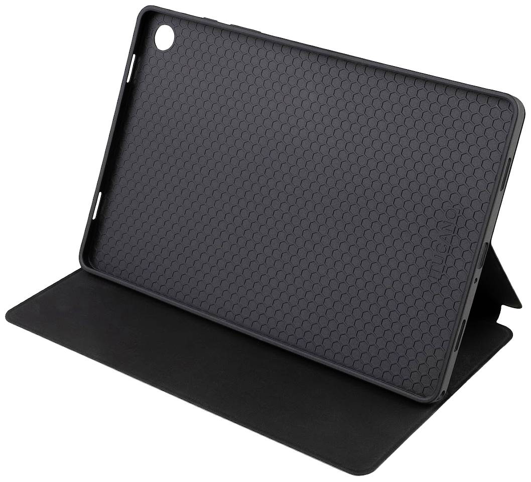 Czarne etui na tablet z wzorem plastra miodu, stojące na składanej okładce.