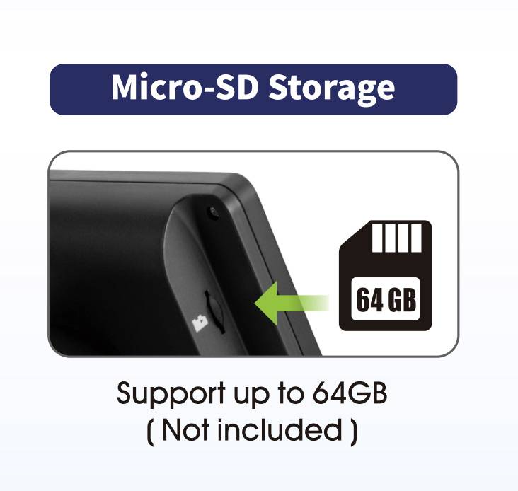'Pamięć Micro-SD' wskazuje gniazdo karty Micro-SD. Obsługuje karty do 64 GB (nie dołączono). Strzałka wskazuje lokalizację gniazda.
