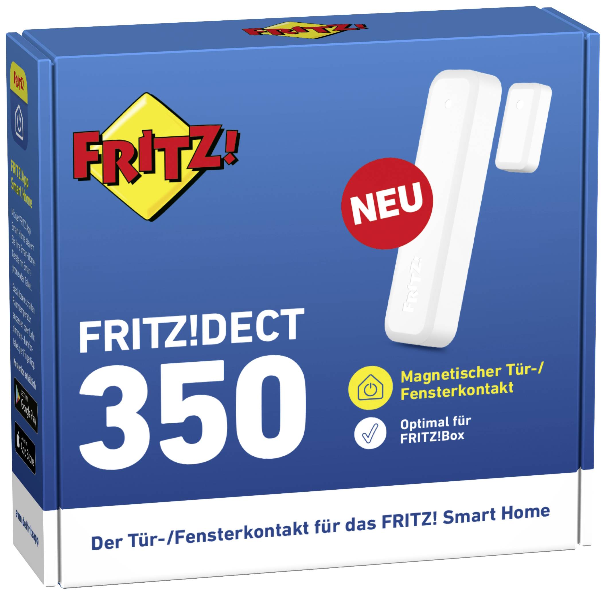 Opakowanie 'FRITZ!DECT 350', magnetyczny czujnik kontaktowy do drzwi/okien. Tekst: 'Idealny do FRITZ!Box', 'NOWOŚĆ'.