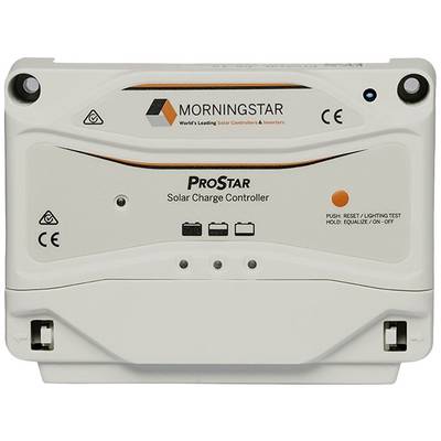 Regulator ładowania solarnego - widok z przodu z logo 'Morningstar ProStar'. Widoczne przyciski sterujące oraz wskaźniki LED sygnalizujące stan akumulatora i funkcje urządzenia.