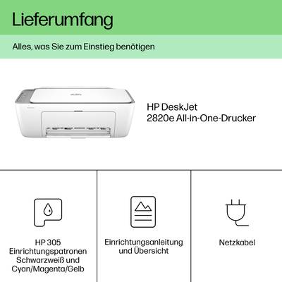 Zawartość opakowania: Wielofunkcyjna drukarka HP DeskJet 2820e, czarno-białe i kolorowe wkłady atramentowe HP 305, przewód zasilający. Wszystko, czego potrzebujesz, aby zacząć.