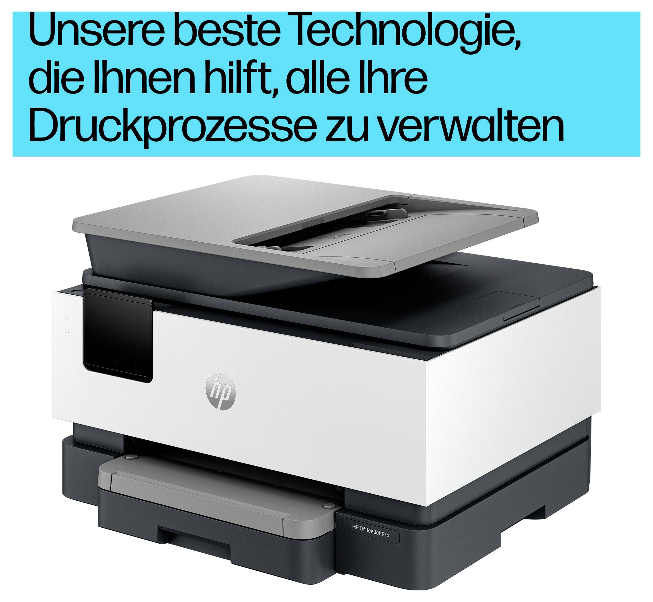 Urządzenie wielofunkcyjne HP z niemieckim nagłówkiem „Nasze najlepsza technologia, która pomaga Ci zarządzać wszystkimi procesami drukowania".