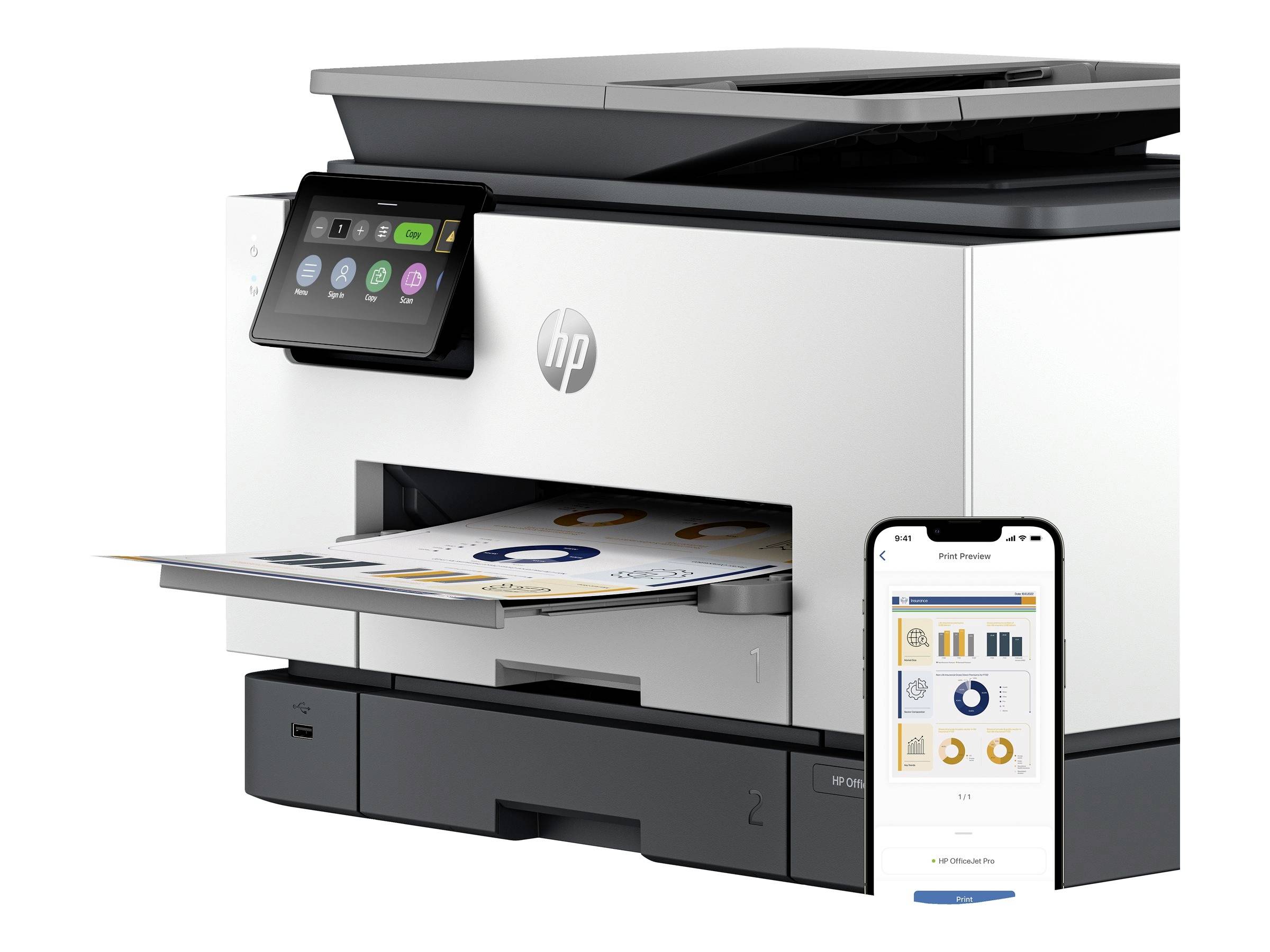 Drukarka drukuje arkusz z diagramami graficznymi i tabelami. Obok wyświetlacz smartfona pokazuje podgląd wydruku.