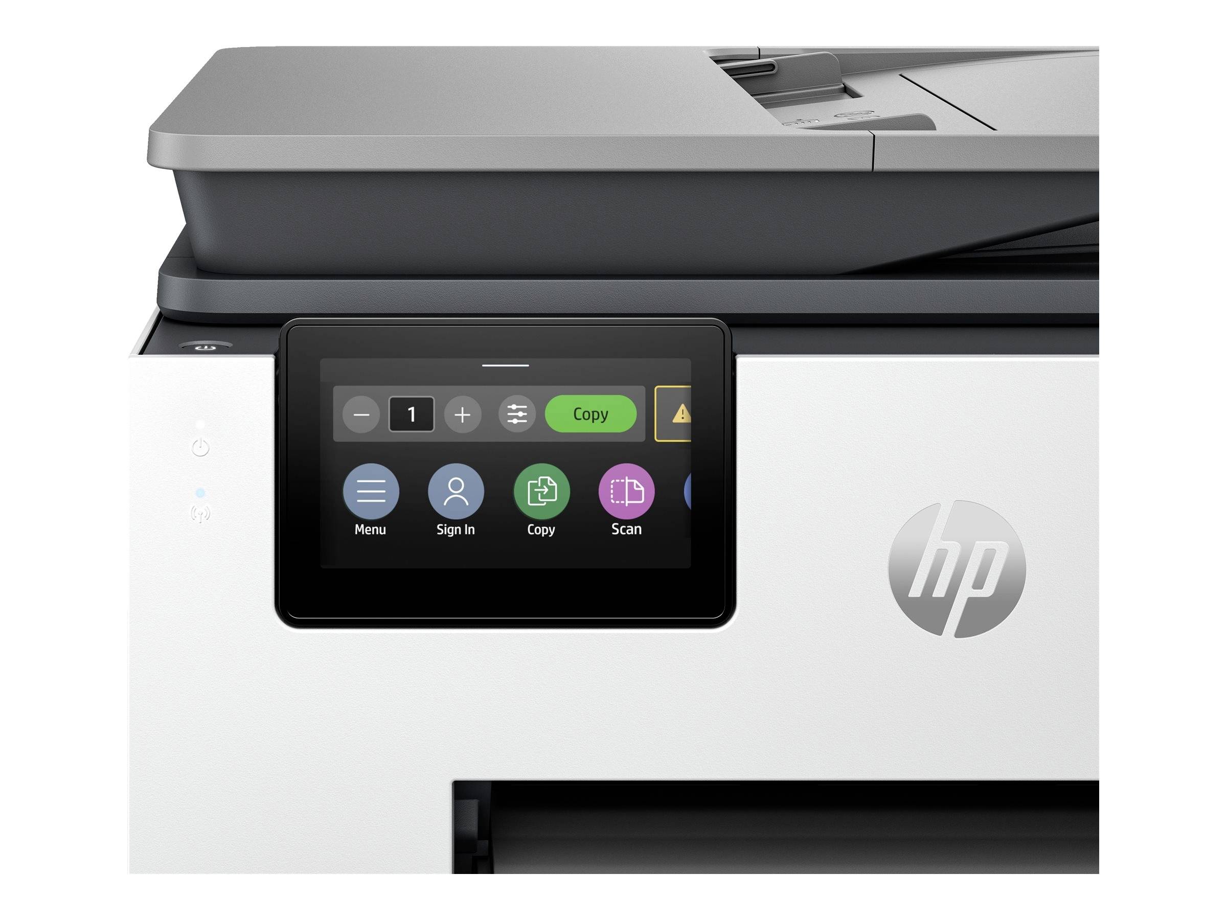 Nowoczesna drukarka z panelem dotykowym, wyświetlająca opcje takie jak 'Kopiowanie', 'Skanowanie' i 'Menu'.