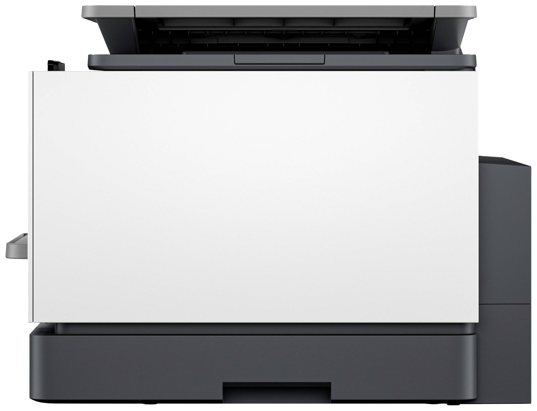 Drukarka z otwartą pokrywą skanera, gotowa do skanowania. Urządzenie jest nowoczesne i kompaktowe, umieszczone na białym tle.