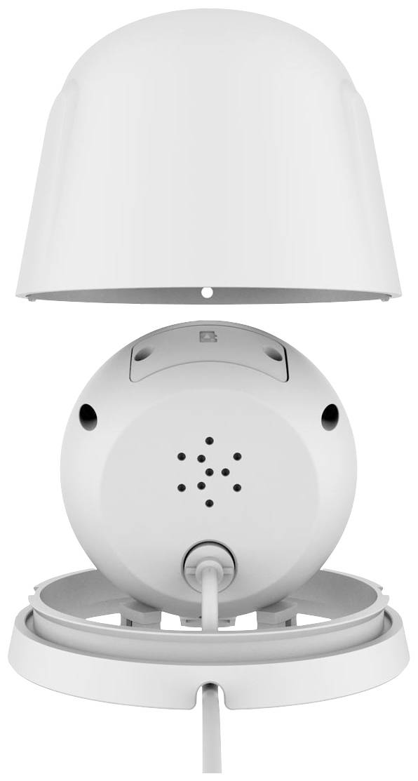 Biała kamera monitoringu z zdjętą obudową, przedstawiająca tylną część z podłączeniem kabla i otworami wentylacyjnymi.