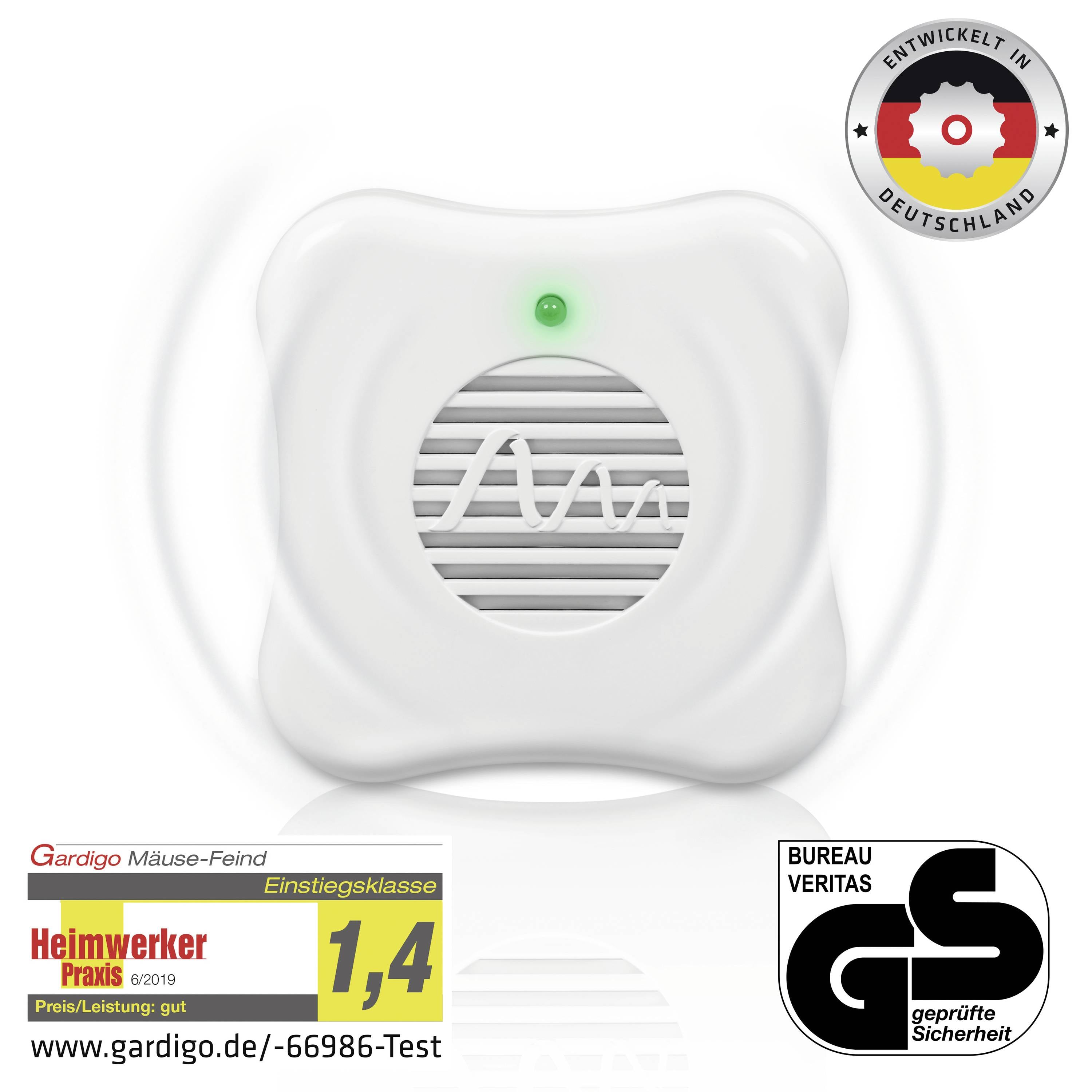 Odstraszacz myszy z zielonym światłem. Certyfikaty 'Opracowany w Niemczech' i 'Bureau Veritas GS'. Wyróżnienie: Heimwerker Praxis 1,4.