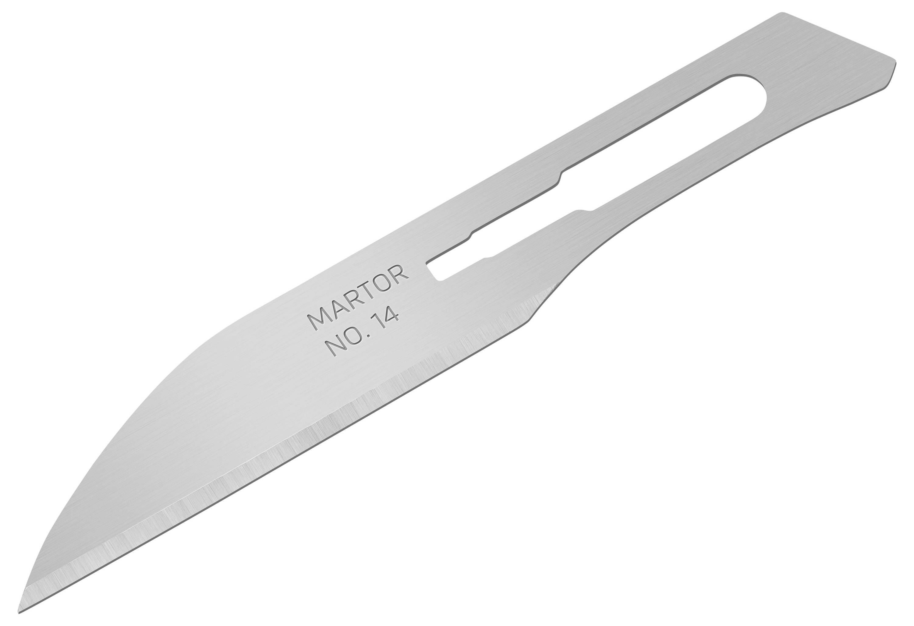 Metalowa, ostro zakończona klinga z nadrukowanym tekstem 'MARTOR NO. 14', odpowiednia do precyzyjnych prac tnących.