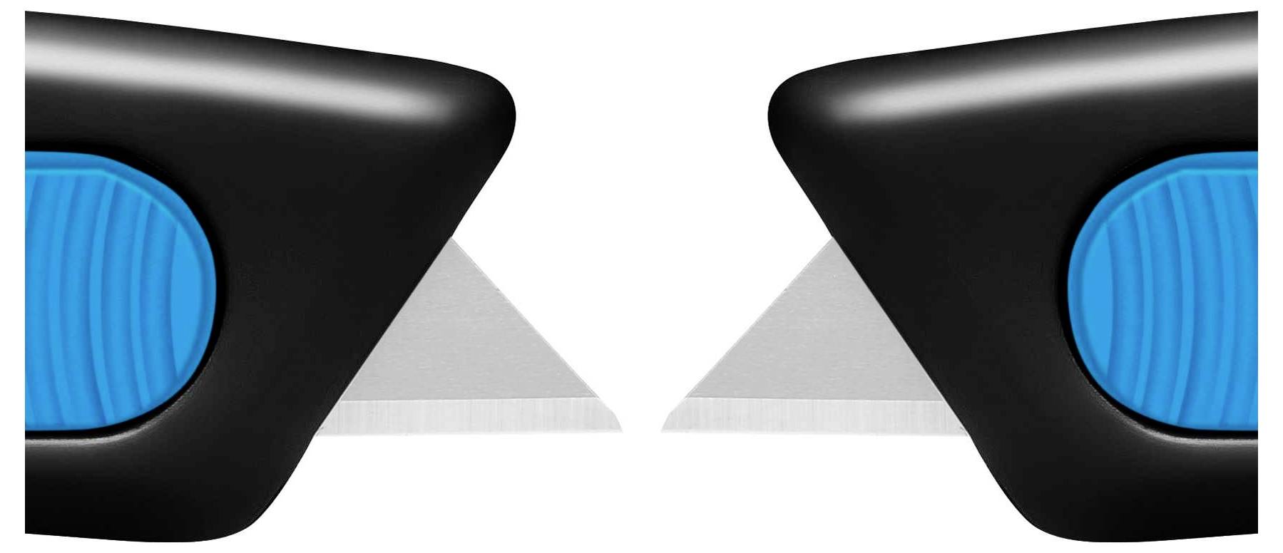 Dwa noże do cięcia w kolorze czarnym z niebieskimi elementami, leżące naprzeciw siebie i prezentujące ostre ostrza.