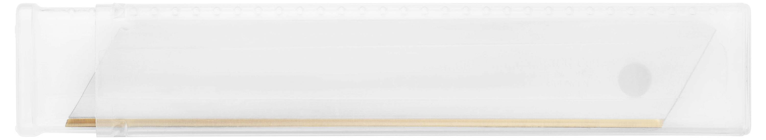 Przezroczysty pojemnik z tworzywa sztucznego z umieszczonym w środku złotym ołówkiem, o prostokątnym kształcie z zaokrąglonymi narożnikami.