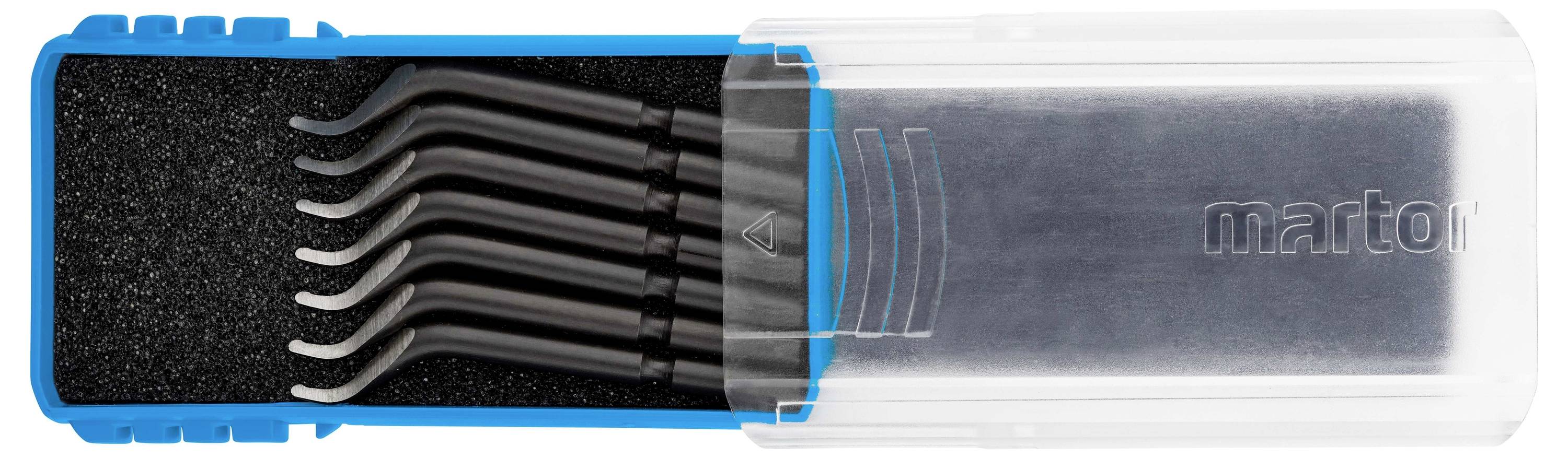 Zestaw sześciu wygiętych noży do gratowania w przezroczystym pudełku z czarną wkładką piankową, marka Martor.