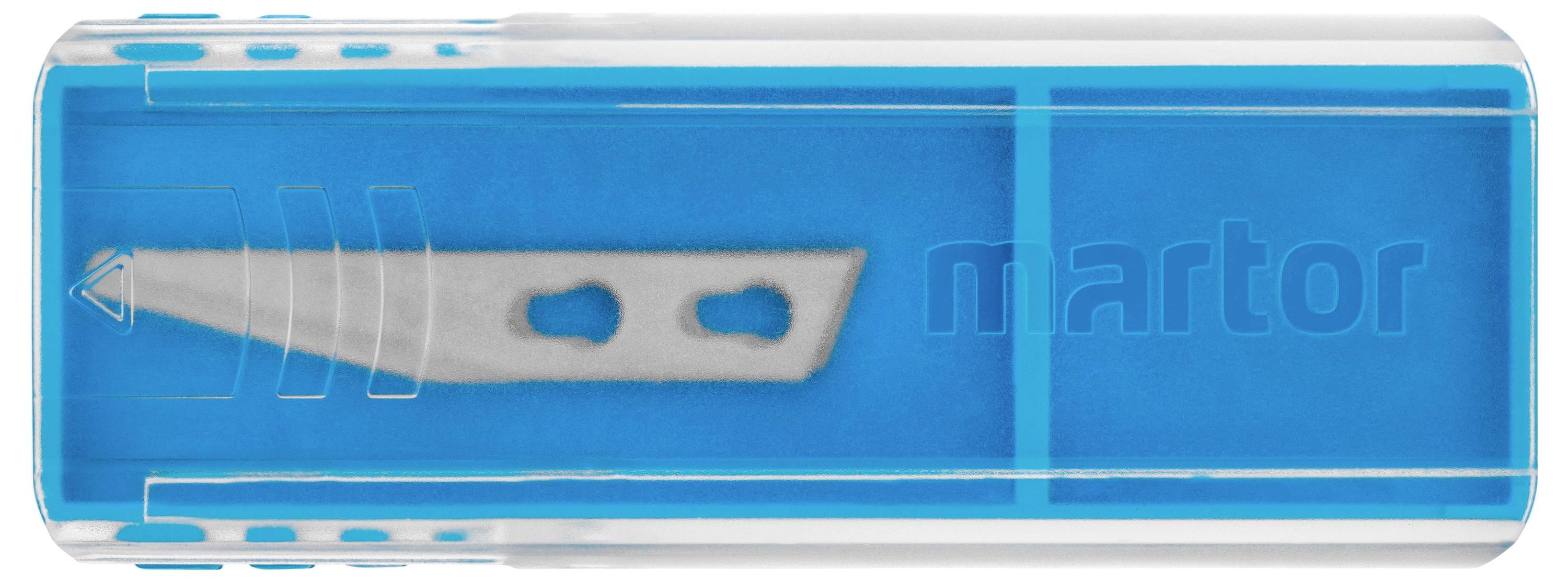 Niebieski pojemnik z tworzywa sztucznego z srebrnym ostrzem noża wewnątrz.