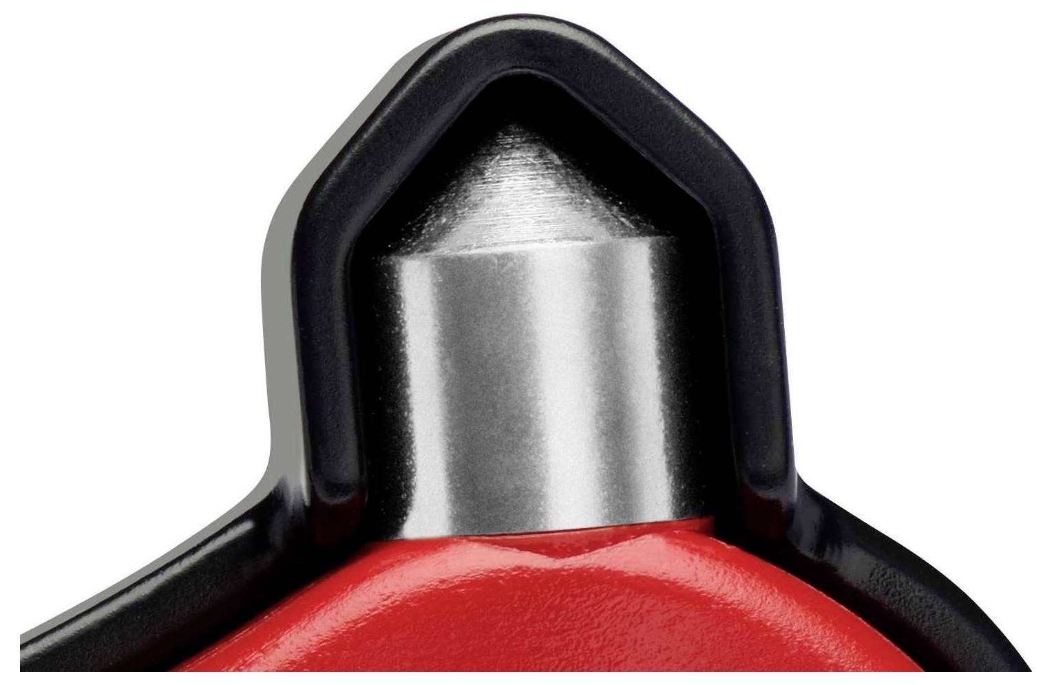 Zbliżenie czerwono-czarnego narzędzia z ostro zakończonym metalowym czubkiem, prawdopodobnie przeznaczonego do zastosowań wymagających siły.
