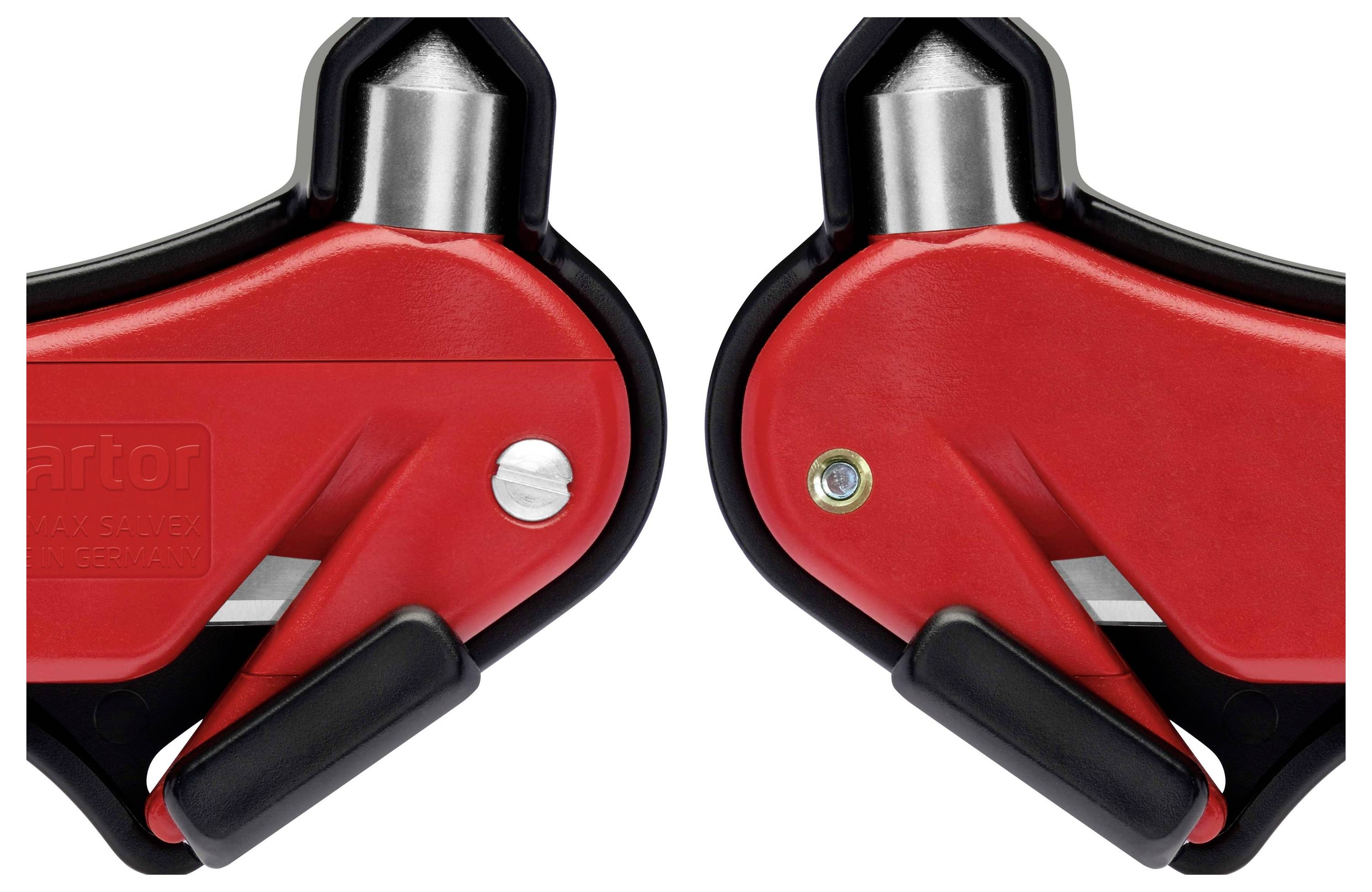 Zbliżenie dwóch czerwonych narzędzi tnących z czarnymi uchwytami i srebrnymi ostrzami, ułożonymi obok siebie.