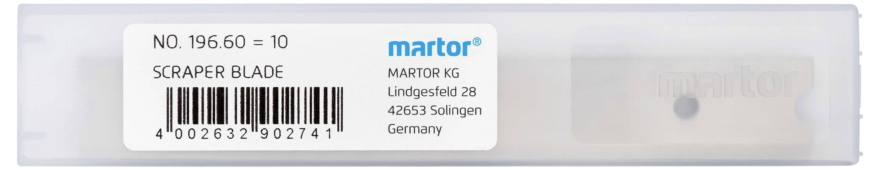 Pudełko z 10 ostrzami Martor. Napis: 'NO. 196.60 = 10 OSTRZY SKROBAKÓW'. Adres: Lindgesfeld 28, 42653 Solingen, Niemcy.