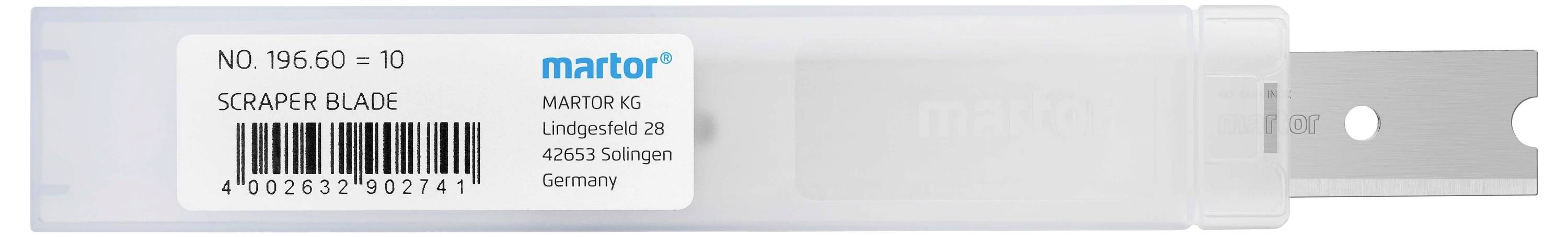 Plastikowy pojemnik z dziesięcioma ostrzami wymiennymi firmy Martor, numer artykułu 196.60. Adres producenta i kod kreskowy są widoczne.