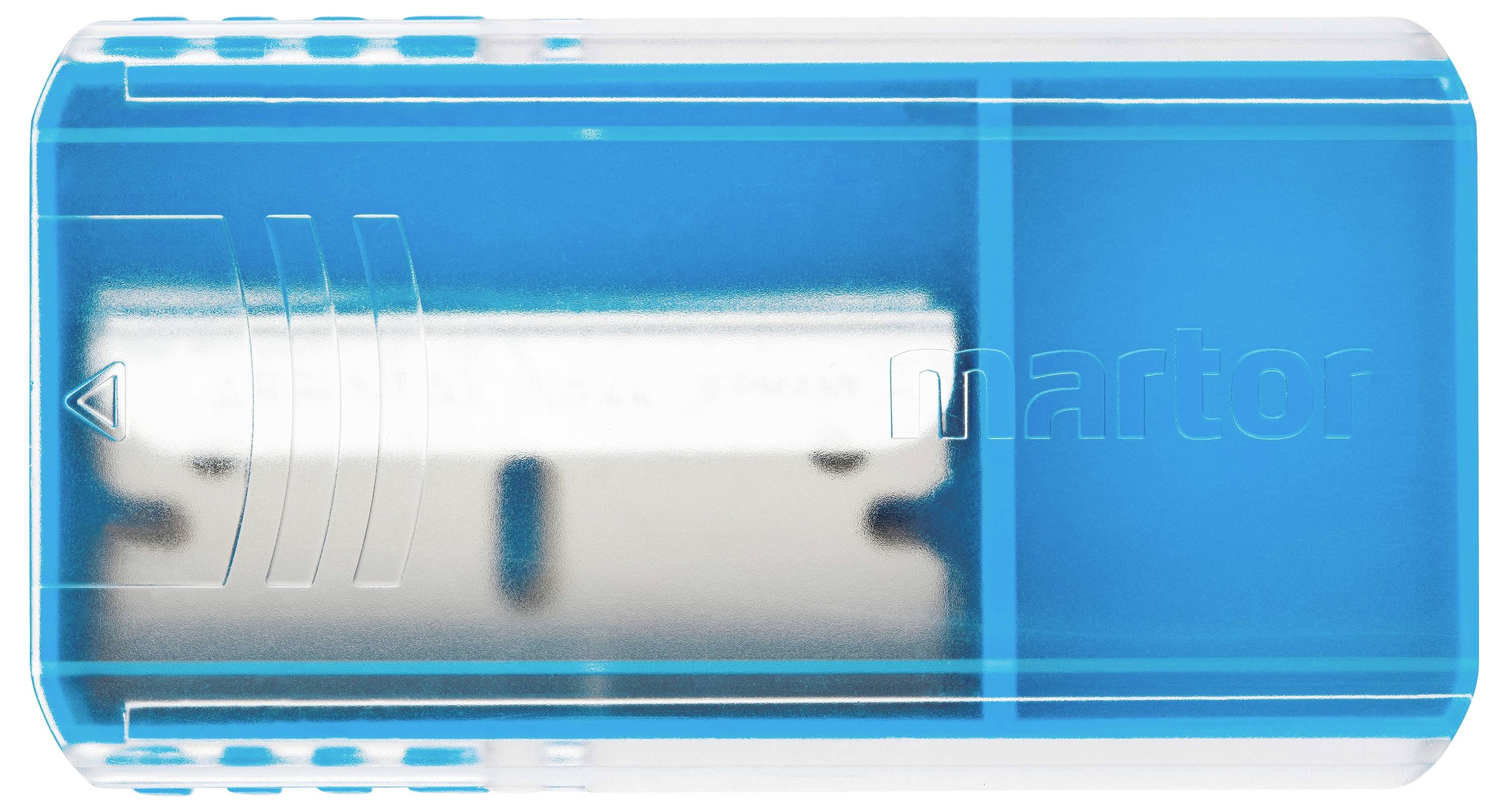 Niebieski nóż bezpieczeństwa z zabezpieczoną klingą i antypoślizgowymi bokami, zapewniający bezpieczne cięcie.