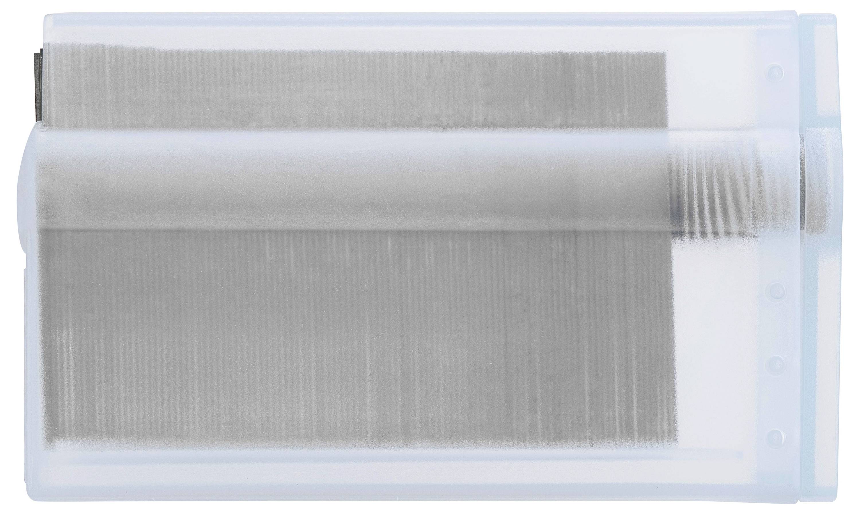 Zamknięte, przezroczyste pudełko magazynowe z rolką papieru w środku, prawdopodobnie dozownik ręczników papierowych.