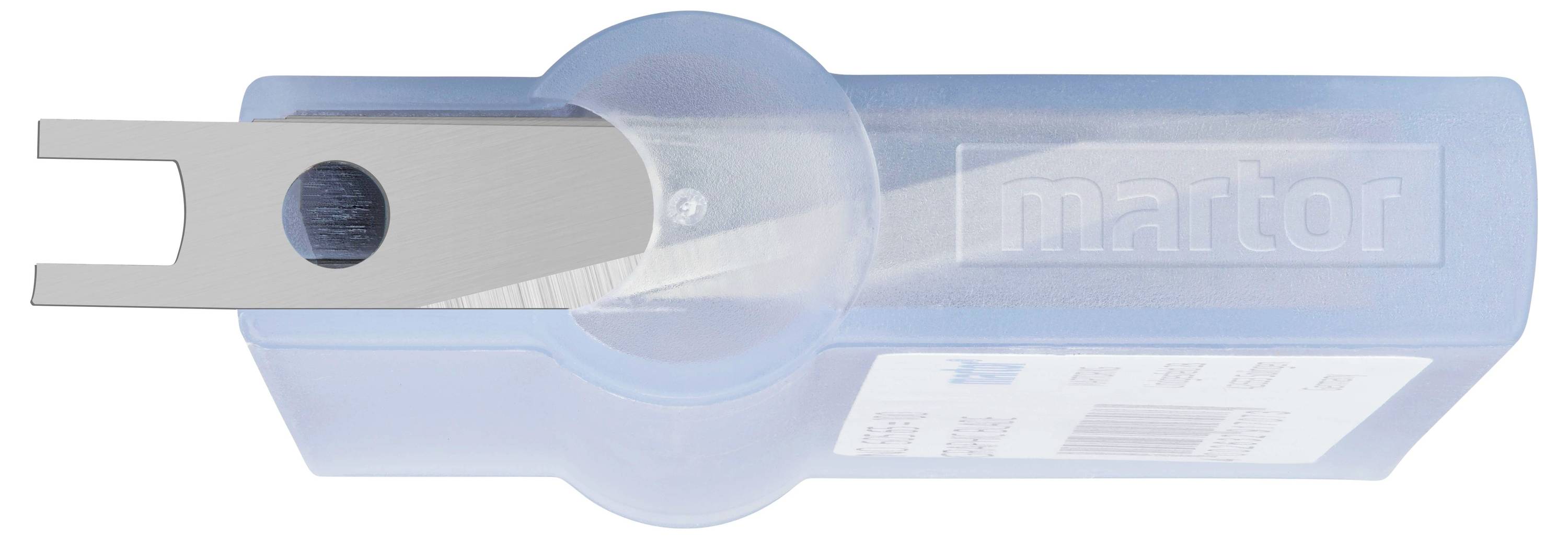 Niebieski pojemnik z tworzywa sztucznego z wbudowanym szarym nożykiem metalowym, napis 'martor' widoczny na boku.