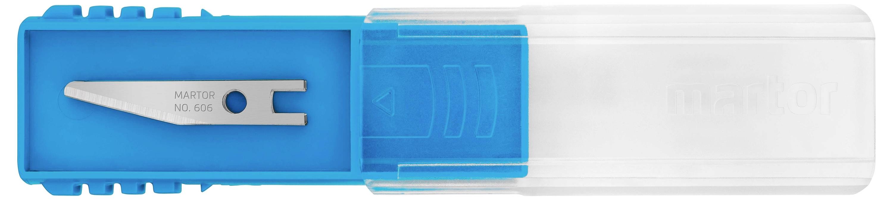 Niebieski temperówka z przezroczystą pokrywką i widocznym srebrnym mechanizmem ostrza, leży płasko na powierzchni.