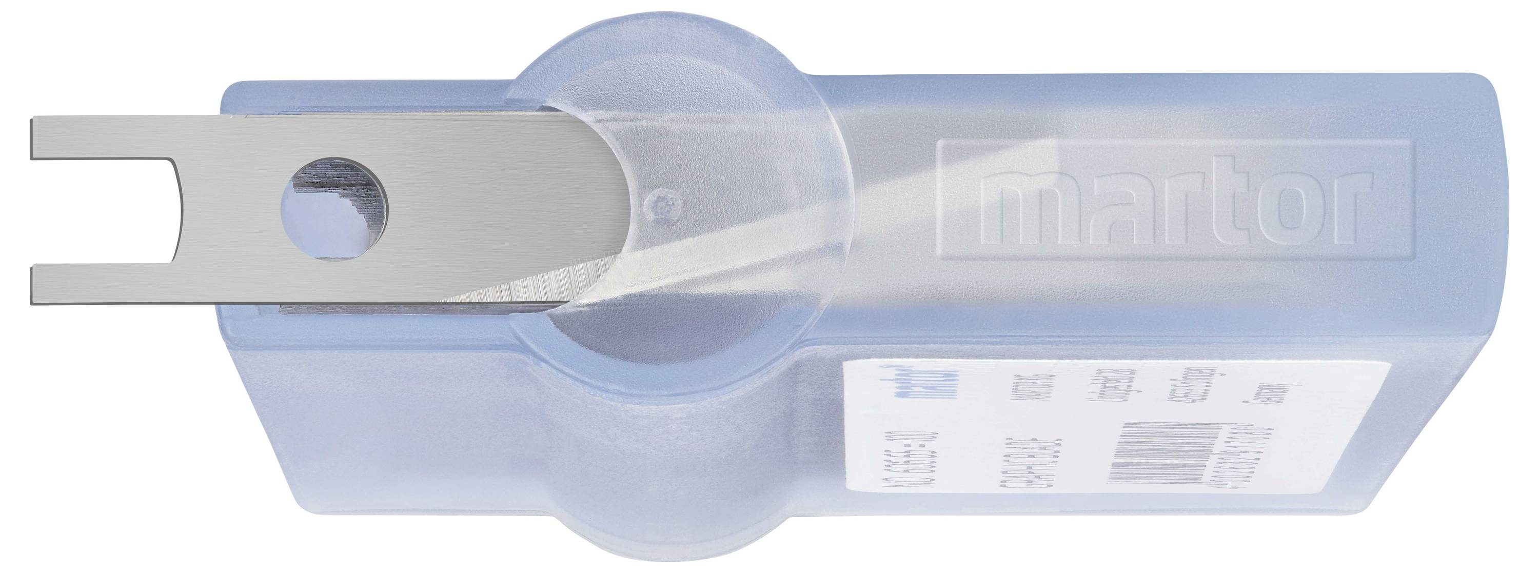 Niebieski uchwyt noża bezpieczeństwa z metalowym przesuwnikiem ostrza i naklejką z kodem kreskowym.