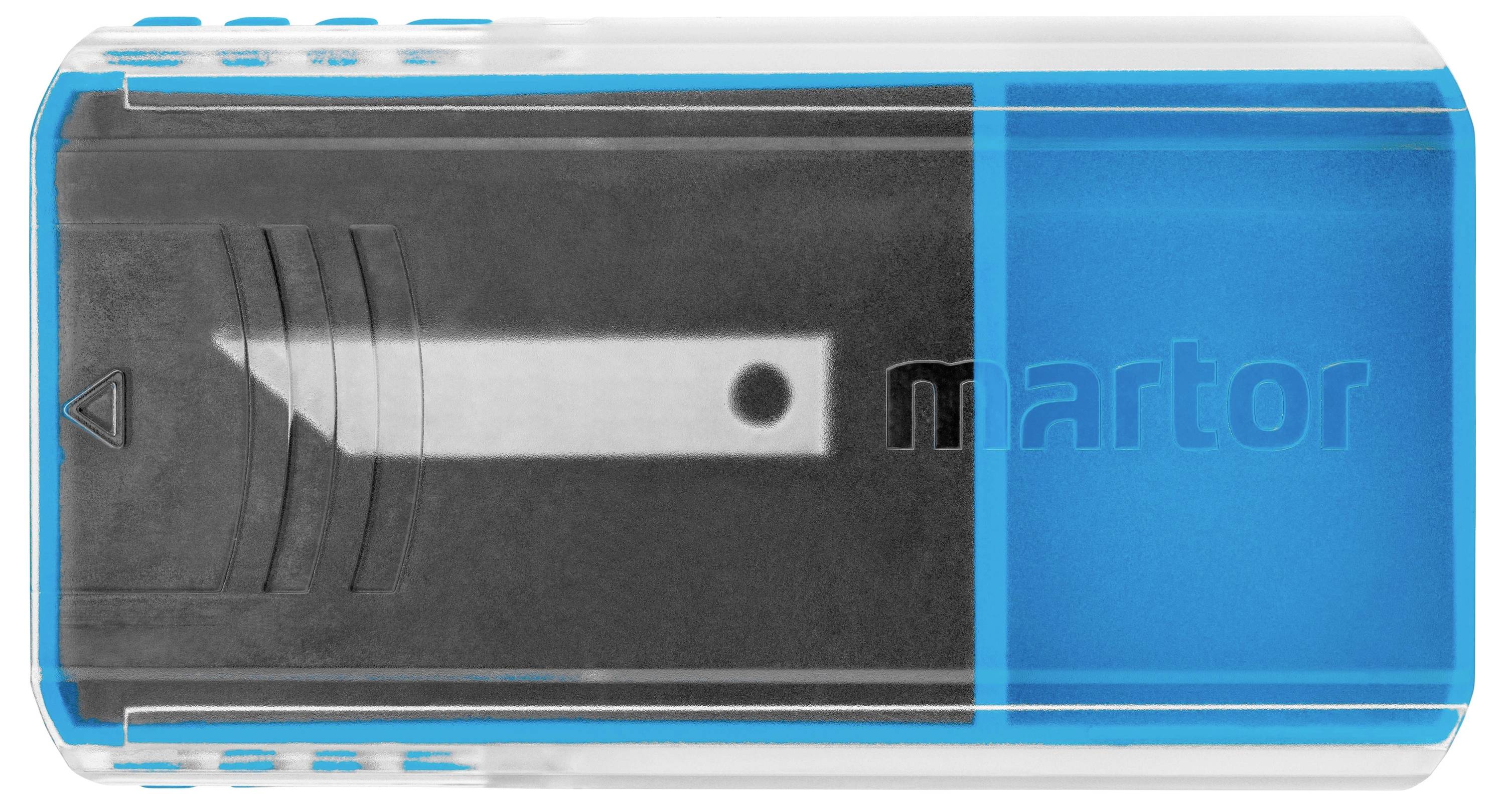 Niebieski, prostokątny uchwyt ostrza z czarną wkładką prezentuje metalowe ostrze. Na uchwycie jest nadrukowana marka 'Martor'.