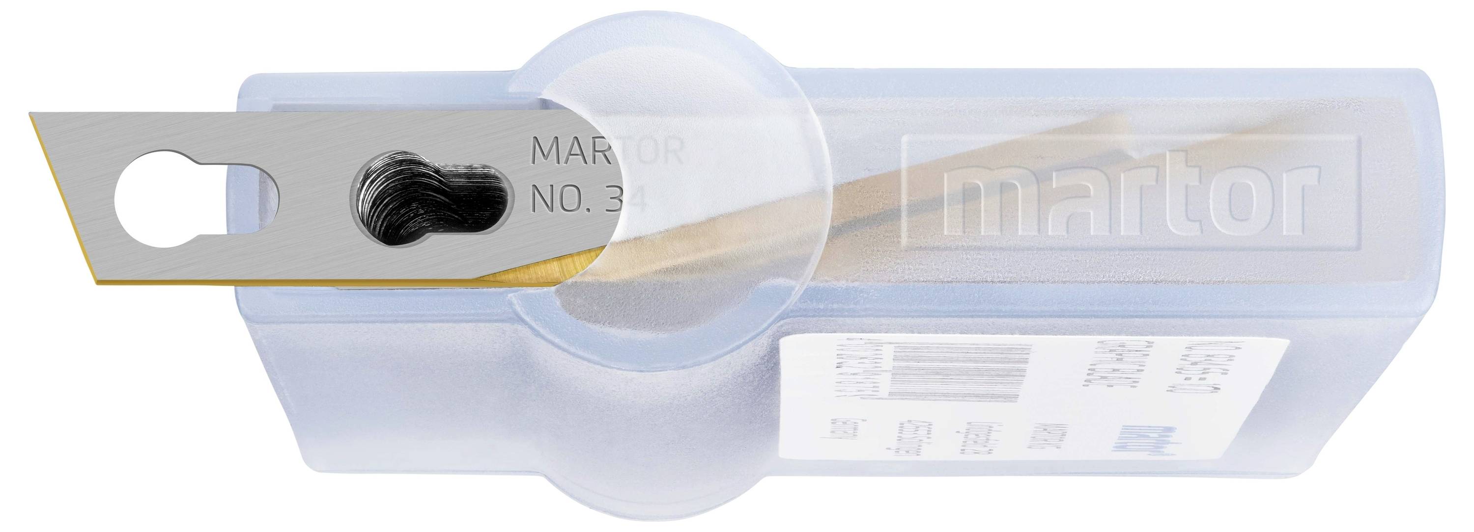 Plastikowe pudełko z wmontowanym uchwytem ostrza, oznaczone napisem 'MARTOR NO. 36'. Zawiera ostrze z zakrzywionym czubkiem.