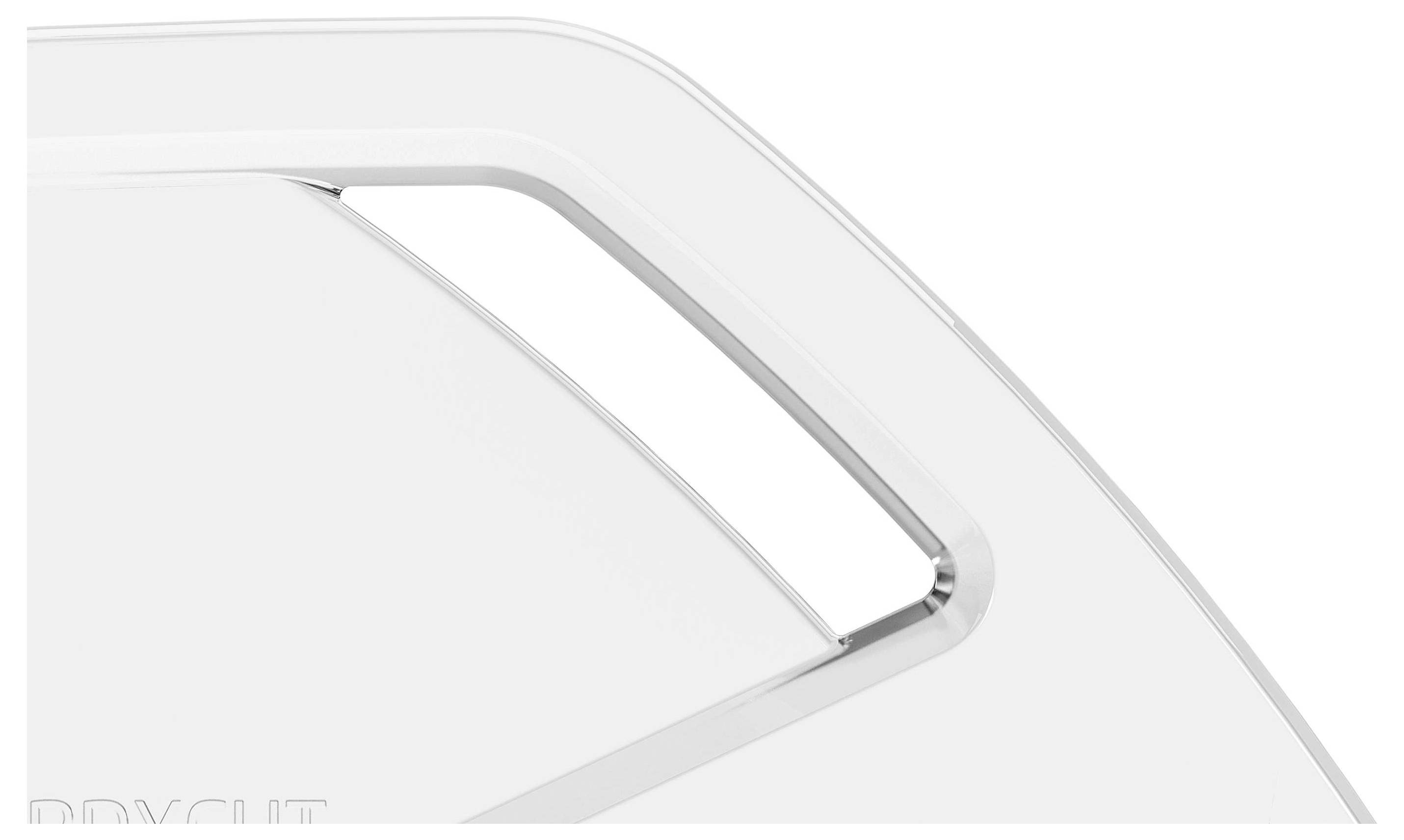 Stylizowany, nowoczesny projekt białego obiektu z krągłymi liniami i wąskim, prostokątnym wycięciem.