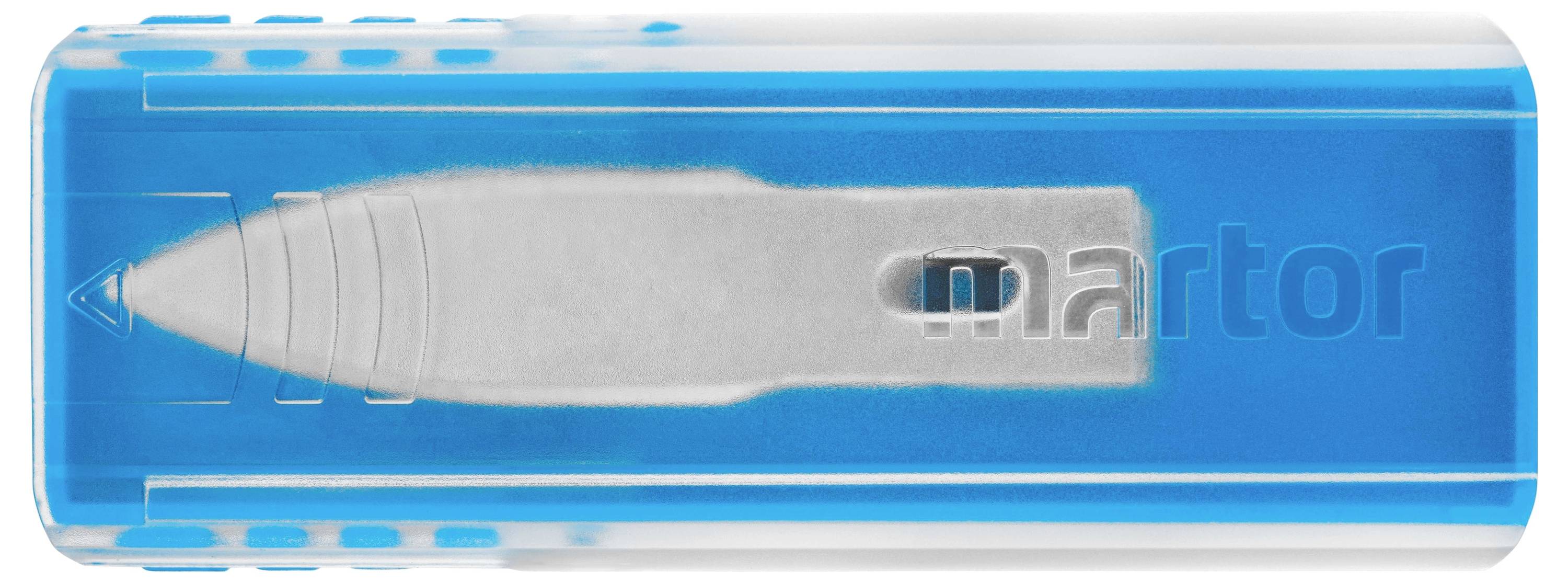 Niebieski uchwyt noża z widocznym ostrzem pośrodku. Nazwa marki 'martor' po prawej stronie uchwytu.