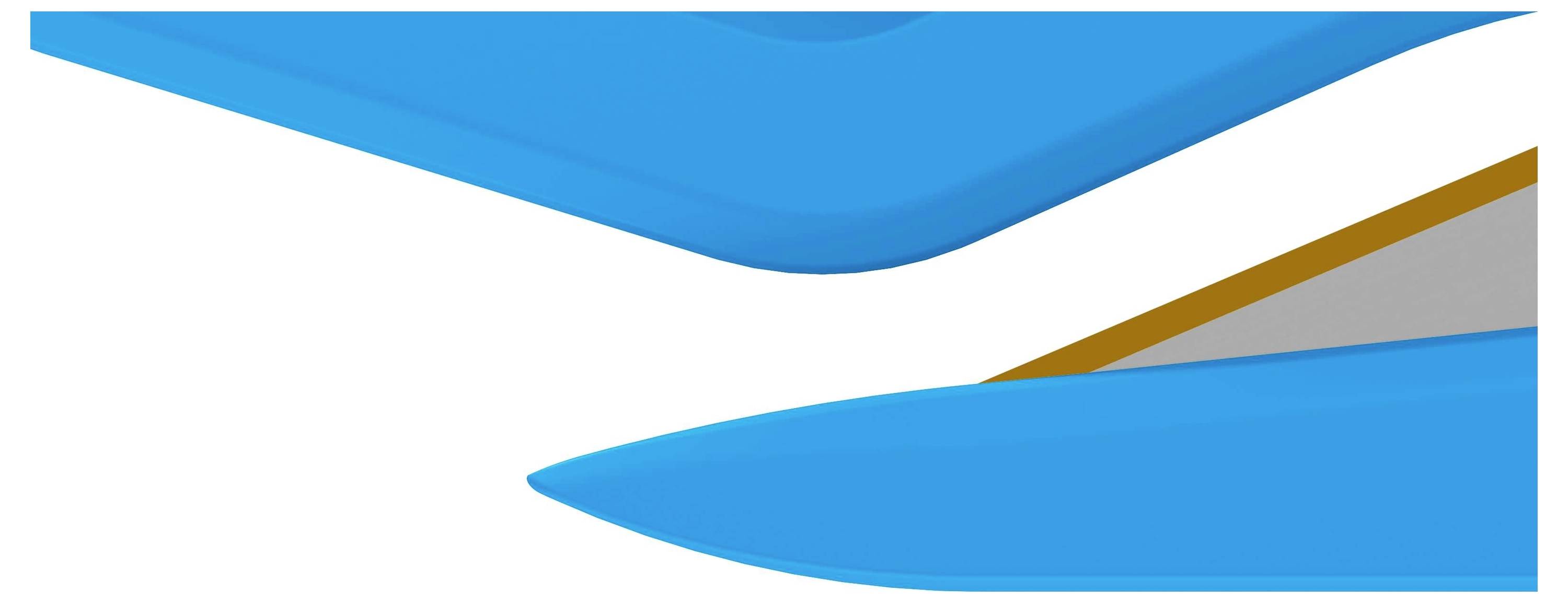 Dwa niebieskie, ostro zakończone obiekty w przeciwległych skosnych narożnikach na białym tle. Brązowy trójkąt pośrodku.