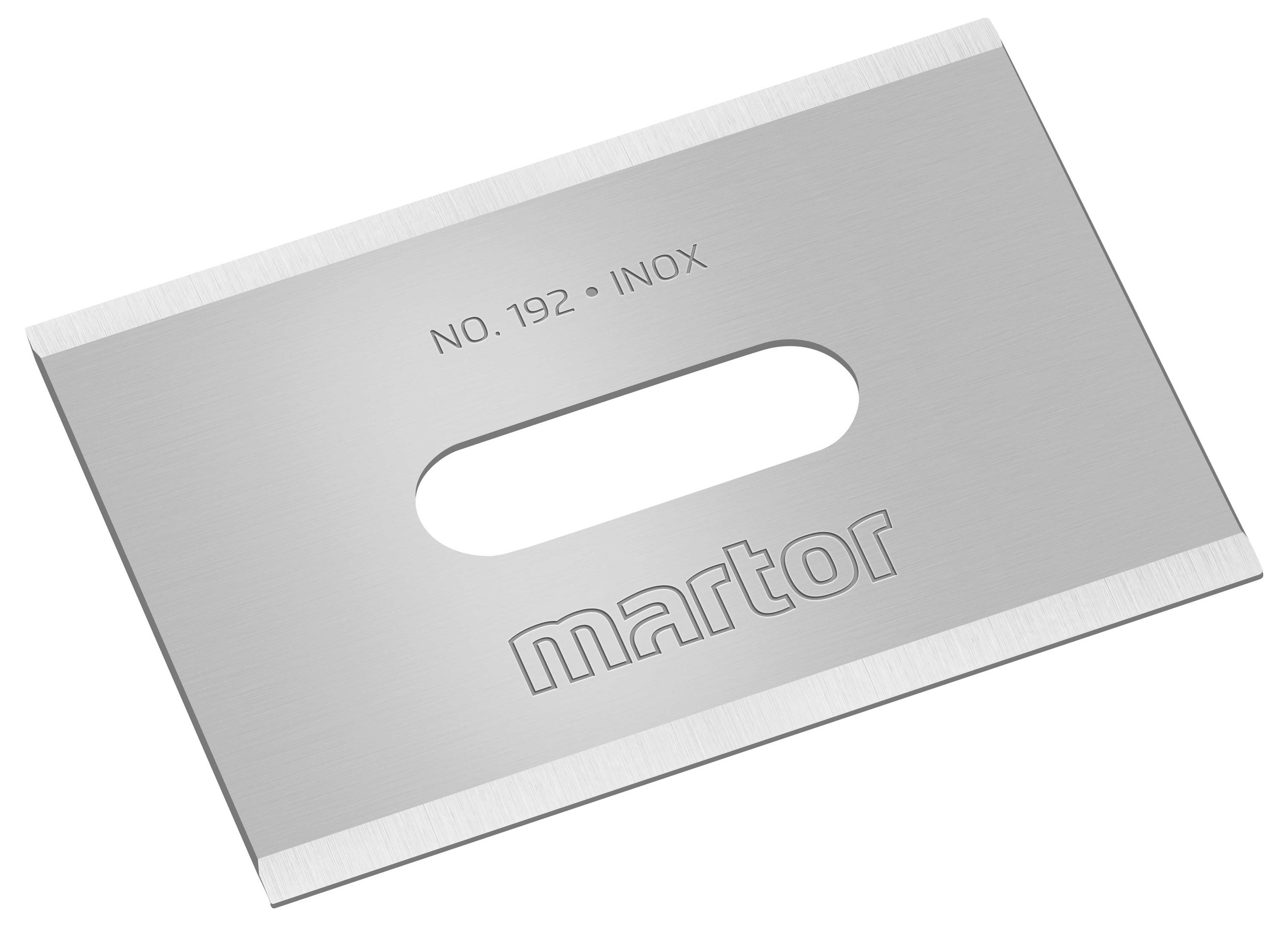 Wymienne ostrze z napisem 'NO. 192 INOX martor', w kolorze srebrnym z centralnym, prostokątnym wycięciem.